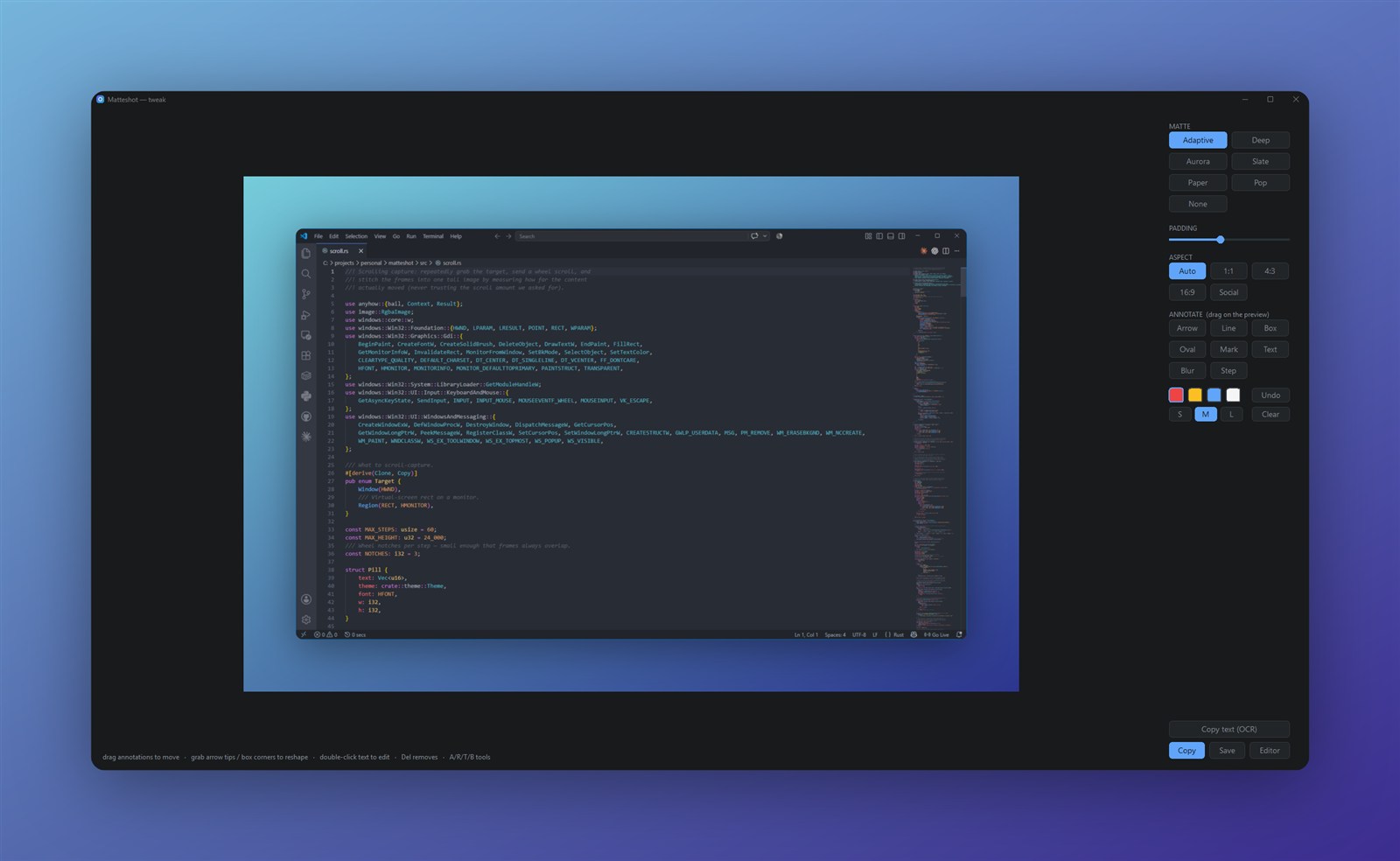 The Matteshot tweak editor
